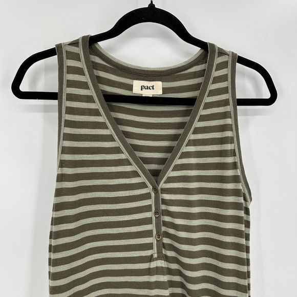 PACT Green Striped 100% Organic Cotton Tiered Boho Sleeveless Midi Dress Medium - Picture 4 of 8